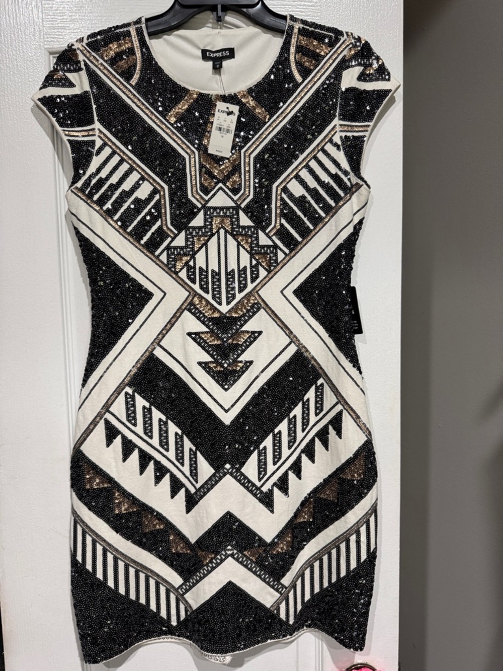 Express Black, White & Gold Geometric Sequin Mini Dress